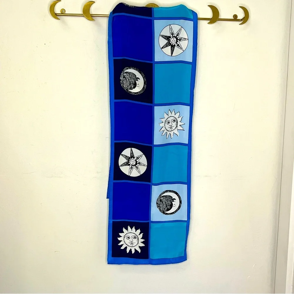 Vintage Celestial Sun Moon Star Blue Oblong Scarf 50 x 10